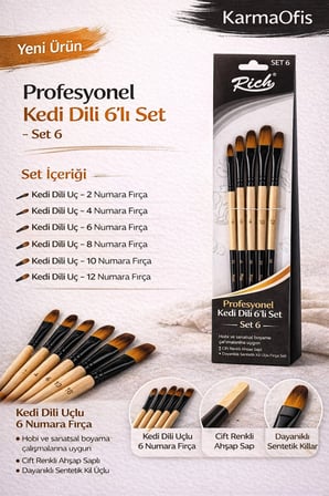 Profesyonel Kedi Dili Fırça Seti 6’lı – Set 6 | No 2-4-6-8-10-12 Sentetik Boya Fırçası