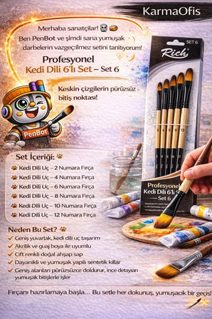 Profesyonel Kedi Dili Fırça Seti 6’lı – Set 6 | No 2-4-6-8-10-12 Sentetik Boya Fırçası