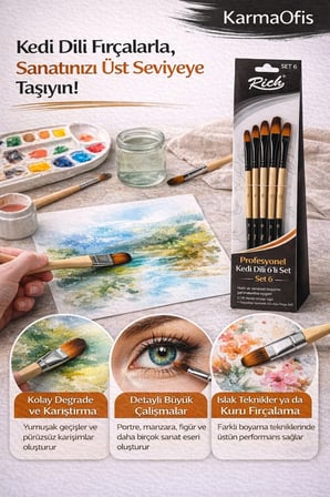 Profesyonel Kedi Dili Fırça Seti 6’lı – Set 6 | No 2-4-6-8-10-12 Sentetik Boya Fırçası