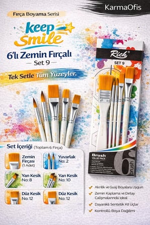6’lı Zemin Fırça Seti Set 9 – Akrilik Boya Fırçası, Yan Kesik & Düz Kesik Uçlu Profesyonel Hobi Seti