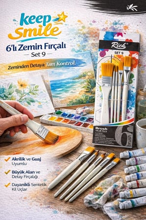 6’lı Zemin Fırça Seti Set 9 – Akrilik Boya Fırçası, Yan Kesik & Düz Kesik Uçlu Profesyonel Hobi Seti