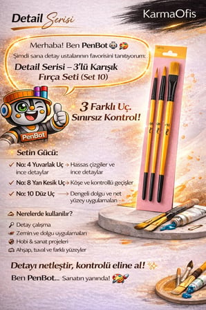3’lü Karışık Boya Fırça Seti Set 10 – Yuvarlak, Yan Kesik ve Düz Uçlu Profesyonel Hobi Fırçası