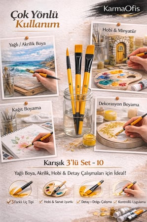 3’lü Karışık Boya Fırça Seti Set 10 – Yuvarlak, Yan Kesik ve Düz Uçlu Profesyonel Hobi Fırçası
