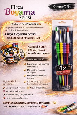 Silikon Saplı Fırça Seti 4’lü – Akrilik, Guaj ve Tuval için Ergonomik Boyama Fırçası Seti