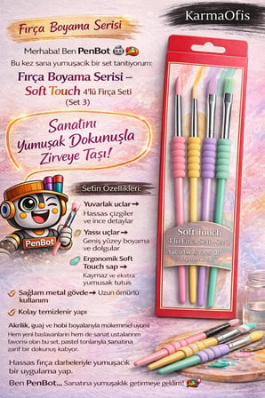 Soft Touch 4’lü Fırça Seti Set 3 | Yuvarlak & Yassı Uç | Akrilik Guaj Hobi Boya Fırçası