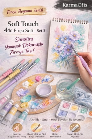 Soft Touch 4’lü Fırça Seti Set 3 | Yuvarlak & Yassı Uç | Akrilik Guaj Hobi Boya Fırçası