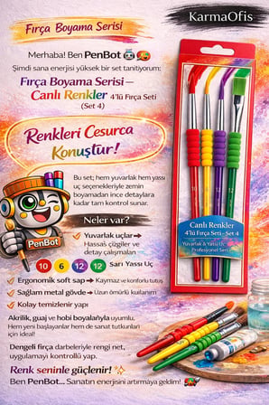 Canlı Renkler 4’lü Fırça Seti | Set 4 | 10-2-6-12 Numara | Akrilik Guaj Hobi Boya Fırçası