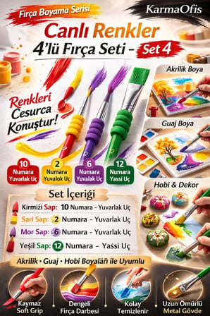Canlı Renkler 4’lü Fırça Seti | Set 4 | 10-2-6-12 Numara | Akrilik Guaj Hobi Boya Fırçası