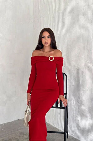 Dipmoda kadın madonna yaka toka detaylı triko elbise DPK2218