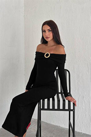 Dipmoda kadın madonna yaka toka detaylı triko elbise DPK2218