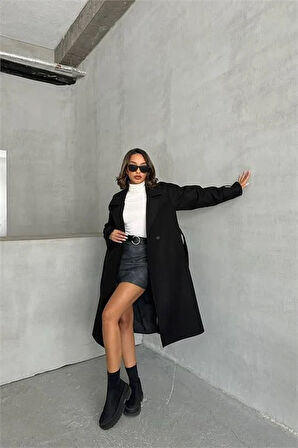 Dipmoda kadın astarlı siyah ithal kaşe kaban DPG048