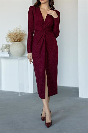 Dipmoda kadın büzgü detaylı simli gece elbisesi DPMY3633