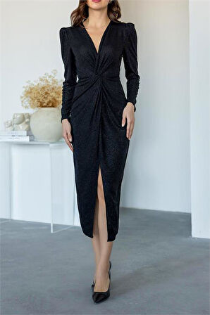 Dipmoda kadın büzgü detaylı simli gece elbisesi DPMY3633