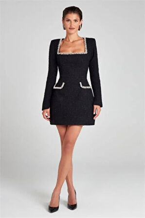 Dipmoda kadın şanel kumaş inci detaylı tasarım elbise DPEMP2367