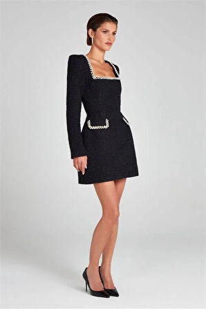 Dipmoda kadın şanel kumaş inci detaylı tasarım elbise DPEMP2367