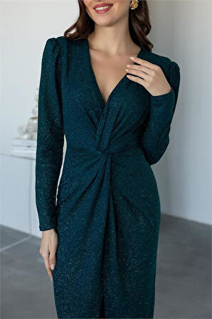 Dipmoda kadın büzgü detaylı simli gece elbisesi DPMY3633