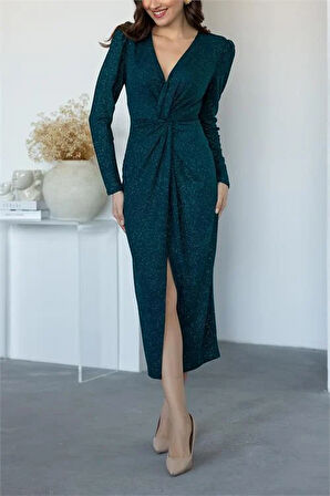 Dipmoda kadın büzgü detaylı simli gece elbisesi DPMY3633