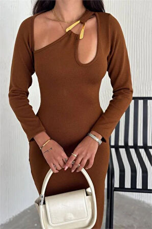 Dipmoda kadın taba yaka detaylı triko elbise DPK2219