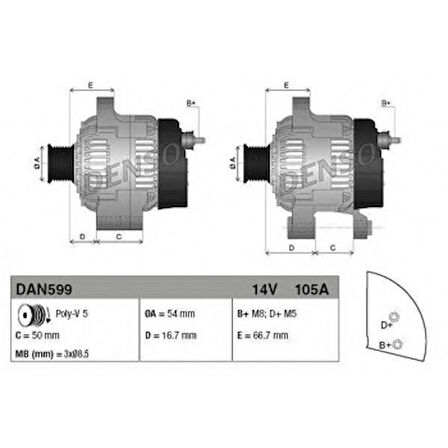 Fiat Alternator Bravo Linea Doblo 1,4 08> Albea 01> 09 Punto 99> 10 Grande Punto 05> 500 5 - Denso Dan599