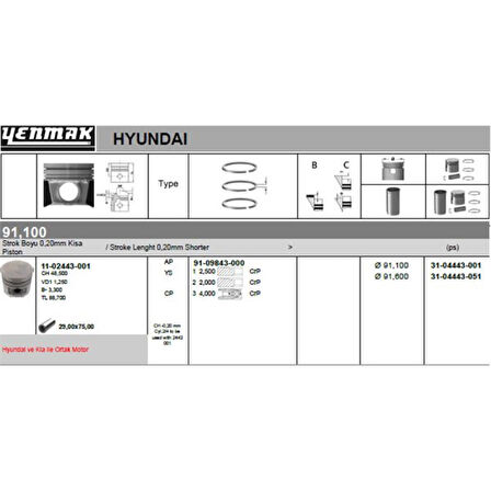 Kia Motor Piston Segman 050 Starex Tci 2001-> Kia K2500 Tci 2004-> (2-4 Siralı Piston) D4bh Motor 0,20 M - Yenmak 31-04443-051