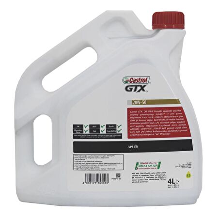 Castrol GTX 20W-50 4 Litre Sentetik Motor Yağı