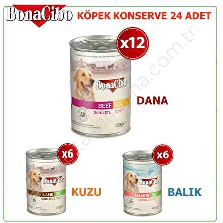BONACİBO KARIŞIK YETİŞKİN KÖPEK KONSERVE MAMA 400 GR X 24 ADET (3 ÇEŞİT: KUZU ETLİ, DANA ETLİ, SOMONLU) 