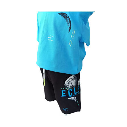 Erkek Çocuk İkili Takım Dark Night Eclipse Baskılı T-Shirt Bağcıklı Lastikli Baskılı Siyah Şort
