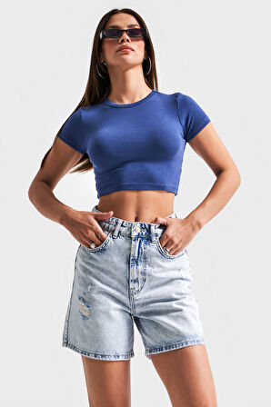 Kadın Mavi Renk 12s5-3 Mom Fit Midi Boy Lazer Detaylı Yırtık  %100 Koton Denim Şort