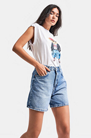 Kadın Mavi Renk Mom Fit Midi Boy Denim Şort