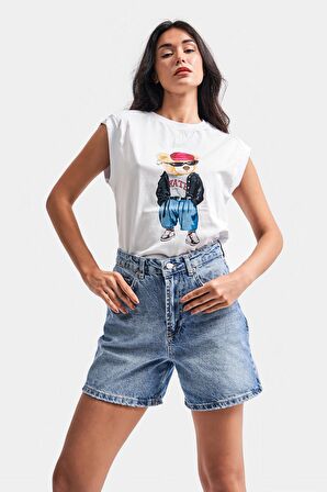 Kadın Mavi Renk Mom Fit Midi Boy Denim Şort