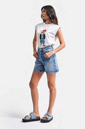 Kadın Mavi Renk Mom Fit Midi Boy Denim Şort