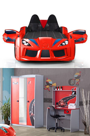 Formula Genç Odası, 3 Kapılı Dolap, Audi Koltuklu Arabalı Yatak, Masa - Kırmızı