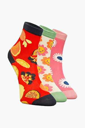 3'lü Kız Çocuk Meyve ve Çiçek Desenli Çorap