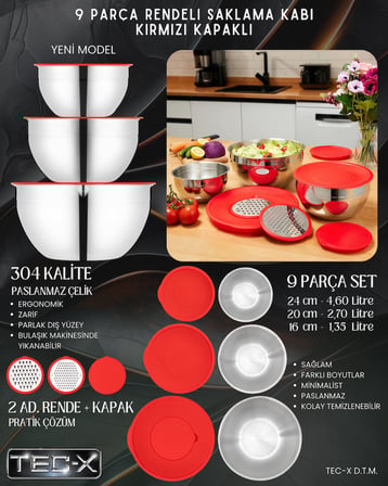 Rosso 9 Prç. Saklama Kabı Rendeli Kırmızı (24 CM , 20 CM , 16 CM)