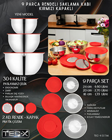 Rosso 9 Prç. Saklama Kabı Rendeli Kırmızı (16 cm , 20 cm , 24 cm)
