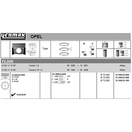 Opel Motor Piston+segman Komple 0,50 (72,5mm) Combo B Corsa B 12nz C12nz - Yenmak 31-04212-050