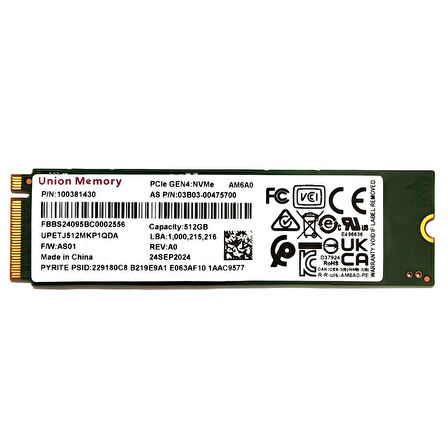 Union Memory AM6A0 512GB Pcie Gen4x4 3900-3100 MB/s 2280 m.2 NVMe SSD OEM