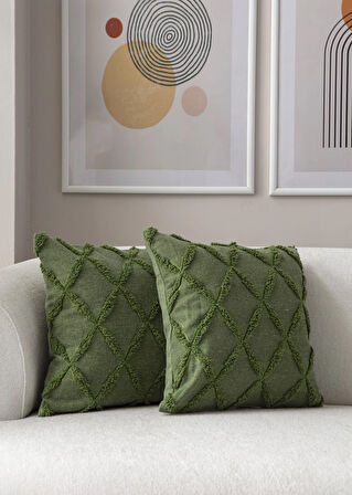 2'li Set Geometrik Desen Bohem Punch Dokuma Kırlent Kılıfı Yeşil