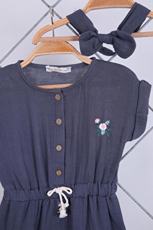 Babyhola %100 Pamuk Kız Bebek Yazlık Müslin Tulum Saç Bandı 2'li Bayramlık Set 4931