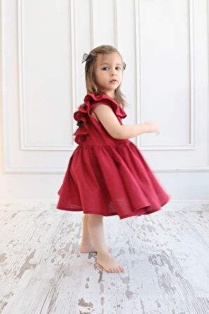 Kız Bebek Bordo Cherry Fiyonklu Fırfırlı Elbise Toka Takım