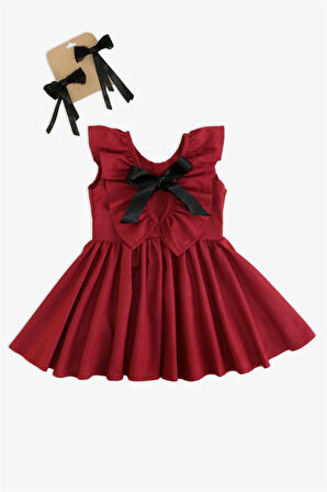 Kız Bebek Bordo Cherry Fiyonklu Fırfırlı Elbise Toka Takım
