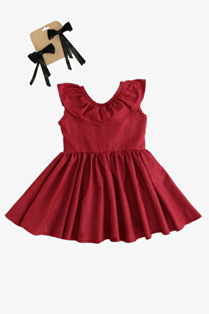Kız Bebek Bordo Cherry Fiyonklu Fırfırlı Elbise Toka Takım