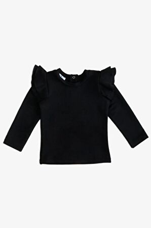 Kız Çocuk Siyah Omuz Fırfırlı Bisiklet Yaka Body Sweatshirt