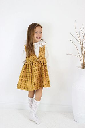 Kız Çocuk Anna Hardal Kareli Fiyonklu Jile Elbise Ekru Dantel Detaylı Bluz Takım