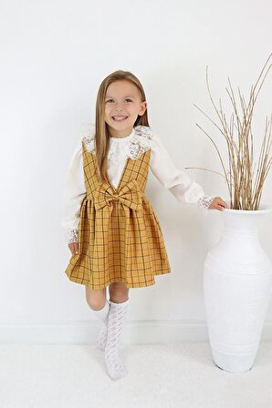 Kız Çocuk Anna Hardal Kareli Fiyonklu Jile Elbise Ekru Dantel Detaylı Bluz Takım