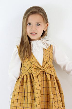 Kız Çocuk Anna Hardal Kareli Fiyonklu Jile Elbise Ekru Dantel Detaylı Bluz Takım