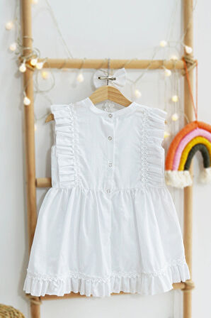 Kız Bebek Eloise Beyaz Fisto Elbise Toka Takım ELB-0084.