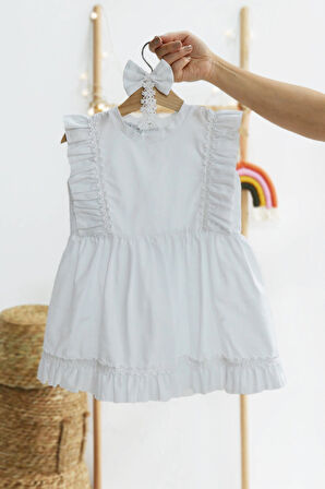 Kız Bebek Eloise Beyaz Fisto Elbise Toka Takım ELB-0084.