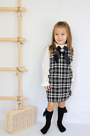 Kız Çocuk Siyah Vanessa Broş Detaylı Tüvit Uzun Kollu Yılbaşı Elbisesi