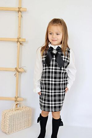 Kız Çocuk Siyah Vanessa Broş Detaylı Tüvit Uzun Kollu Yılbaşı Elbisesi